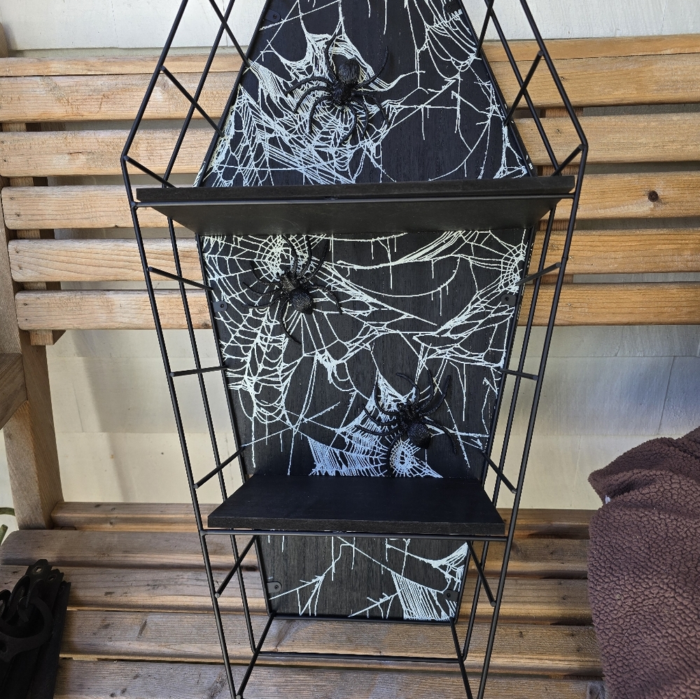 Black Coffin-Casket Shaped Shelf with Spider Web Wall Table Wooden - Picture 4 of 6